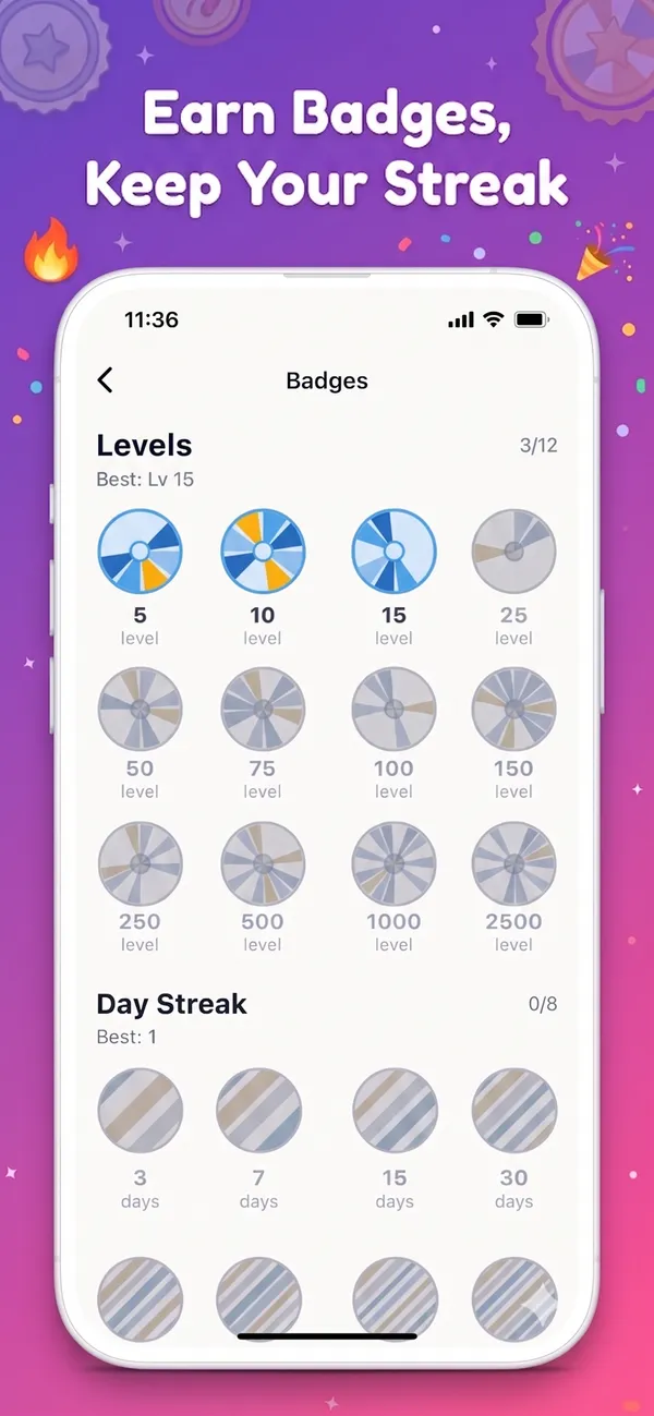 Wend badges for level milestones and day streaks