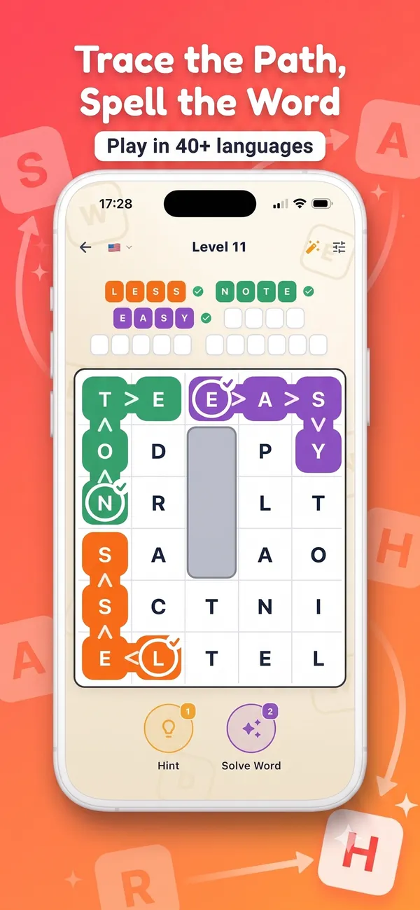Wend level 11: three words traced as colored paths through a letter grid with a gray wall